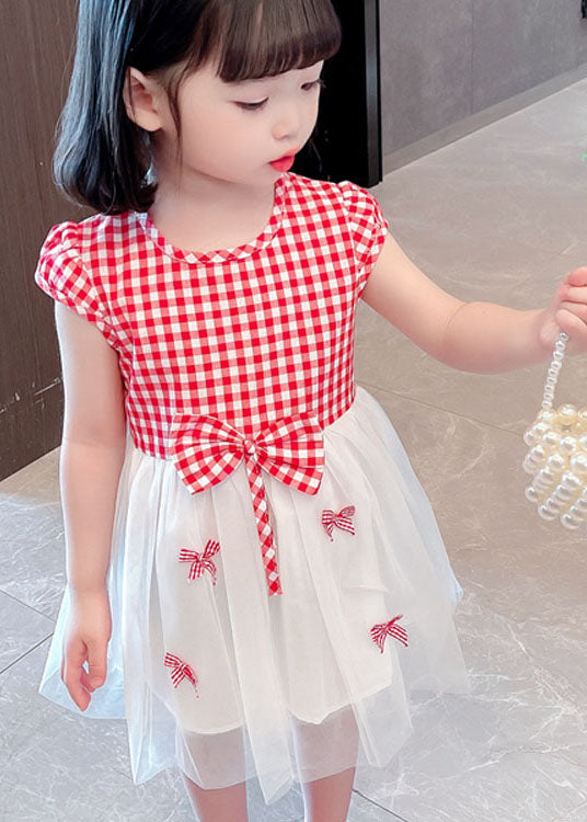 Stylish Red Plaid O Neck Bow Patchwork Tulle Baby Girls Dress Summer LY6533 - fabuloryshop