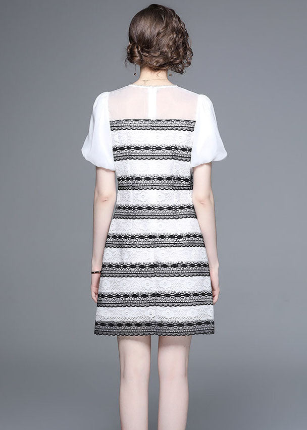 Stylish White O-Neck Zircon Tulle Patchwork Lace Mid Dress Summer LY7432 - fabuloryshop