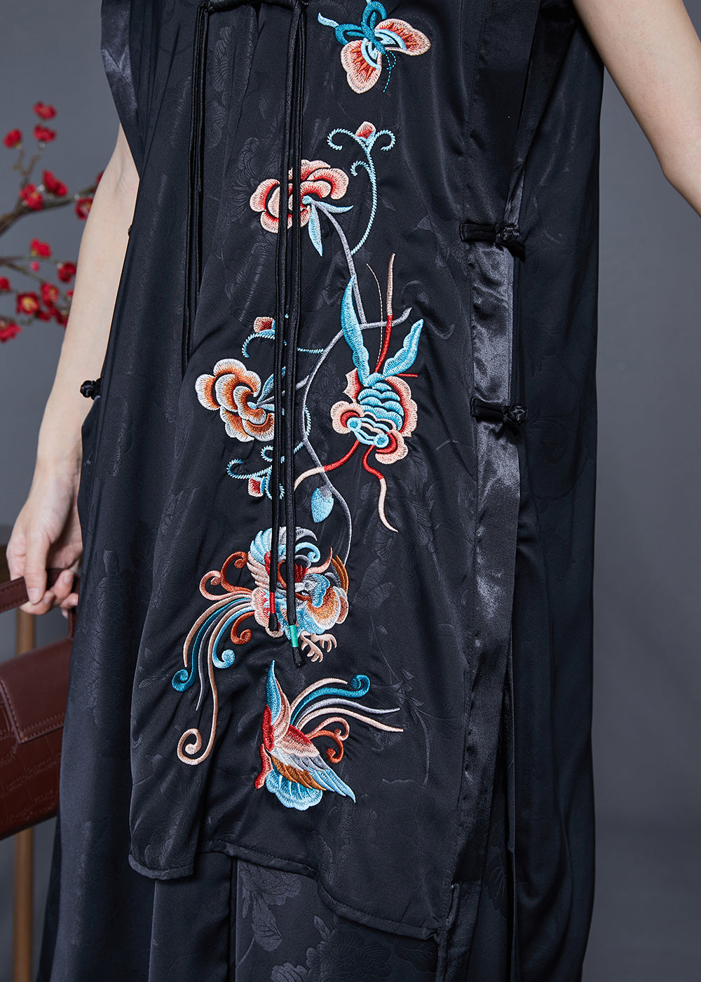 Unique Black Asymmetrical Design Embroideried Silk Two Pieces Set Summer LY3622 - fabuloryshop