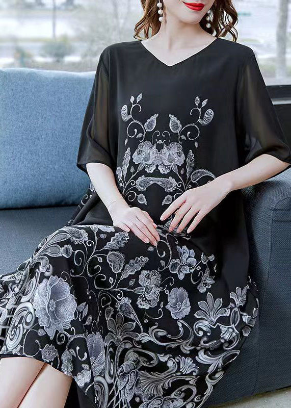 Unique Black V Neck Print Patchwork Chiffon Dress Summer Ada Fashion
