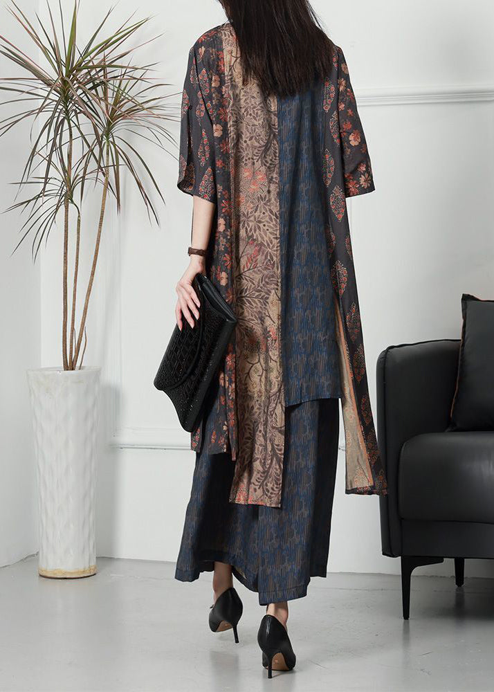 Unique Coffee Stand Collar Asymmetrical Design Print Silk Two Pieces Set Summer LY3763 - fabuloryshop