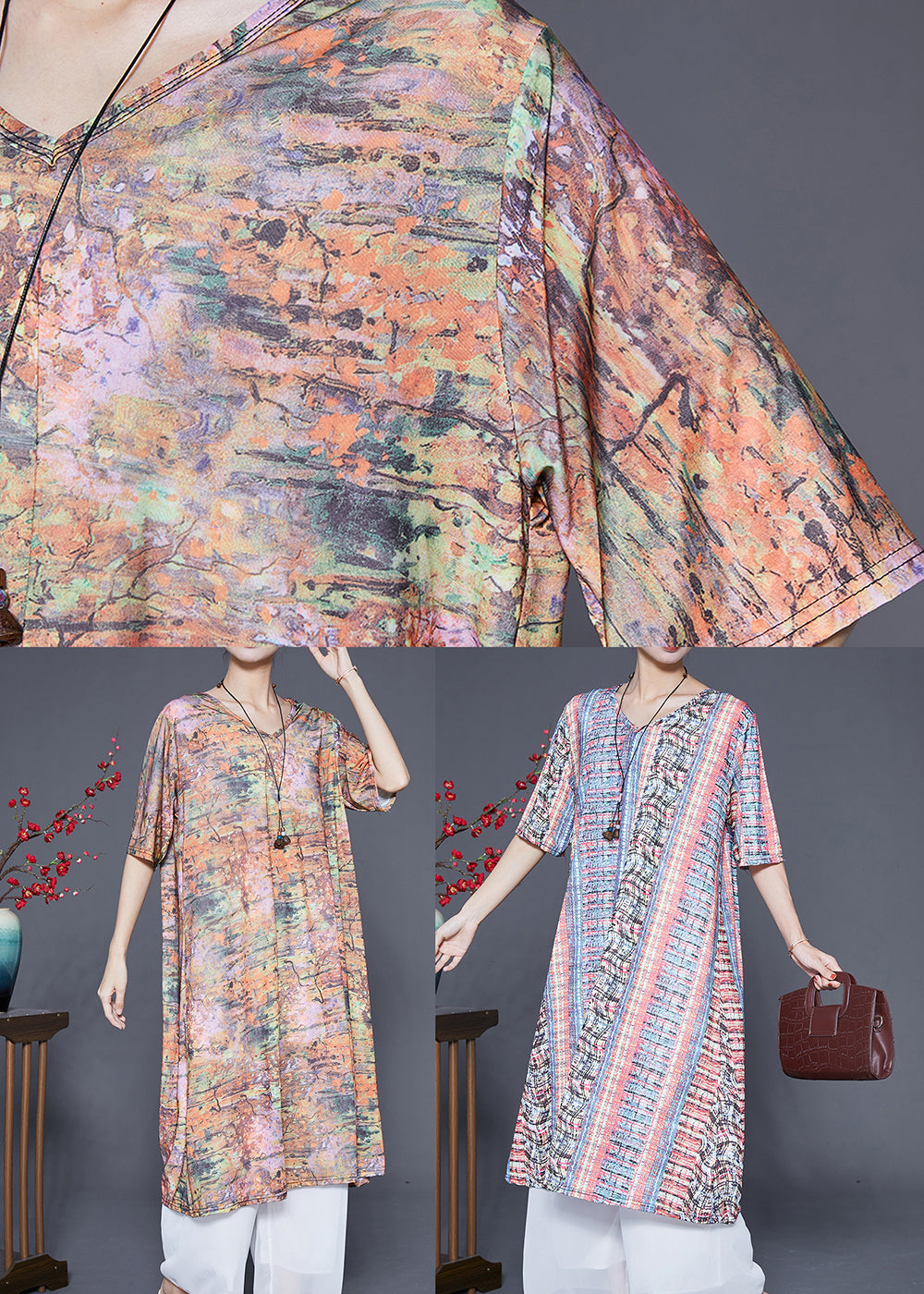 Unique Khaki V Neck Tie Dye Silk Long Dress Summer Ada Fashion