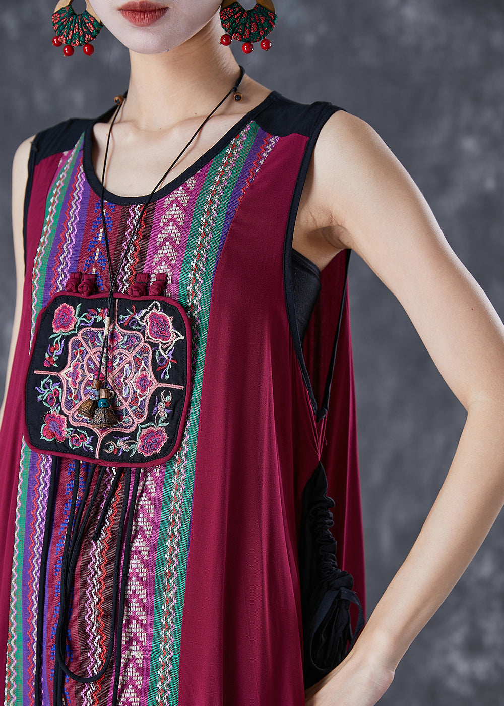 Unique Red Embroideried Patchwork Tasseled Linen Dress Sleeveless LY7079 - fabuloryshop
