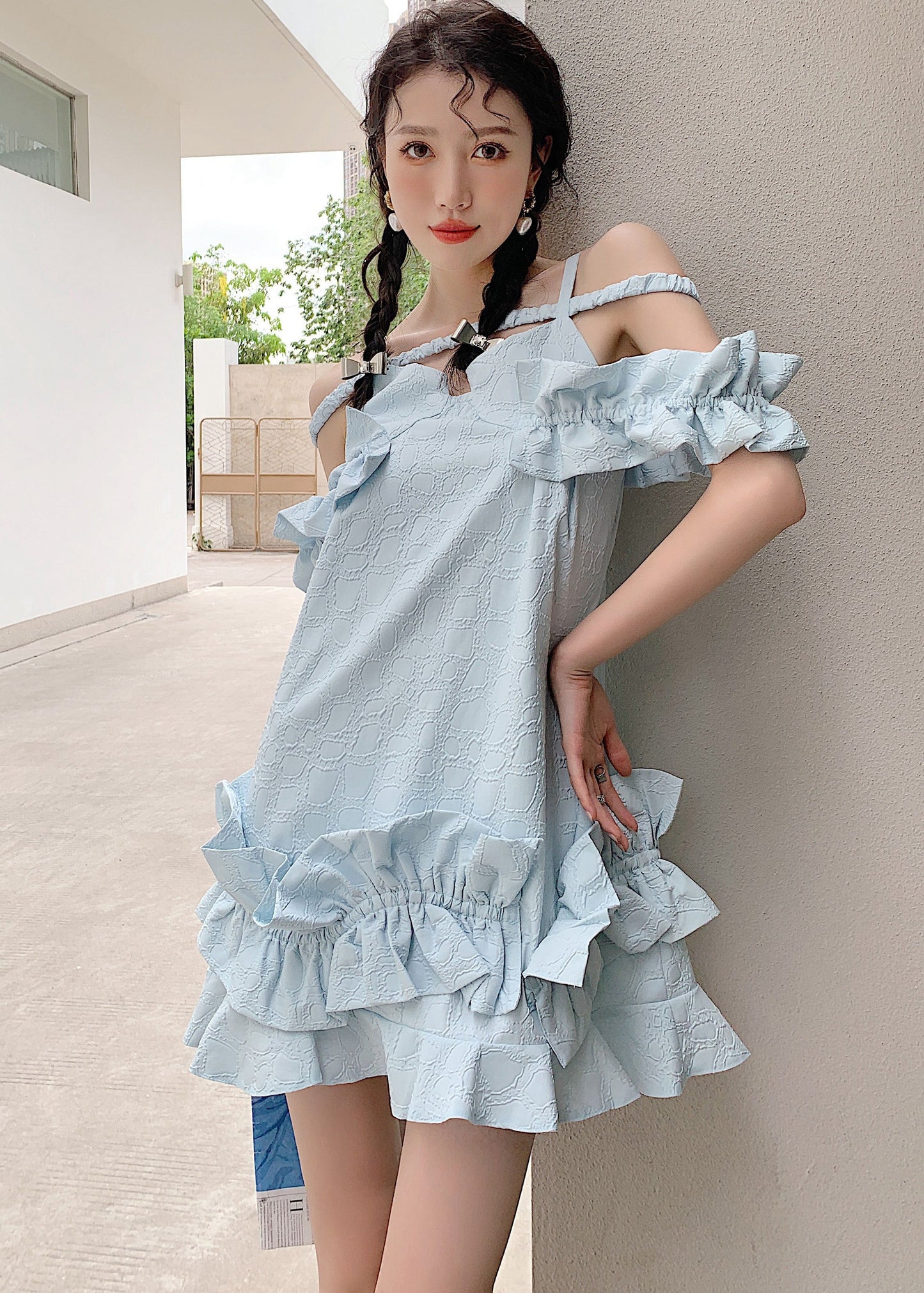 Unique Sky Blue Ruffled Jacquard Patchwork Cotton Holiday Dress Summer Ada Fashion