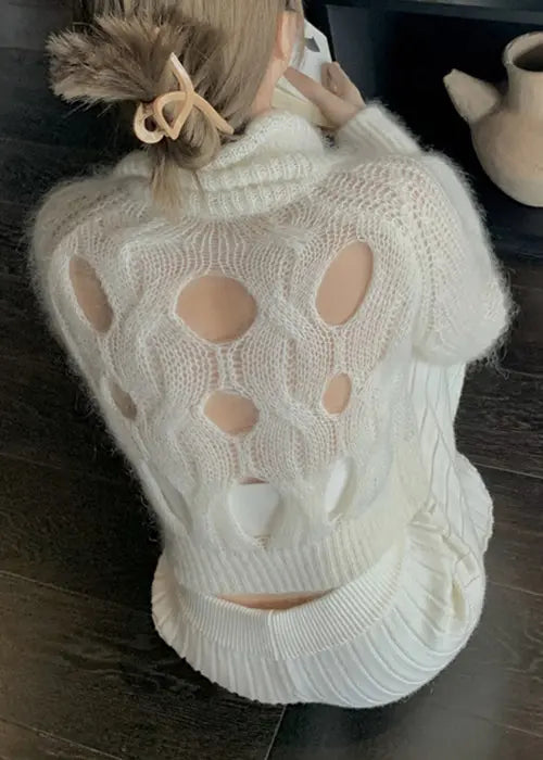Unique White Zippered Hole Cotton Knit Top Fall Ada Fashion