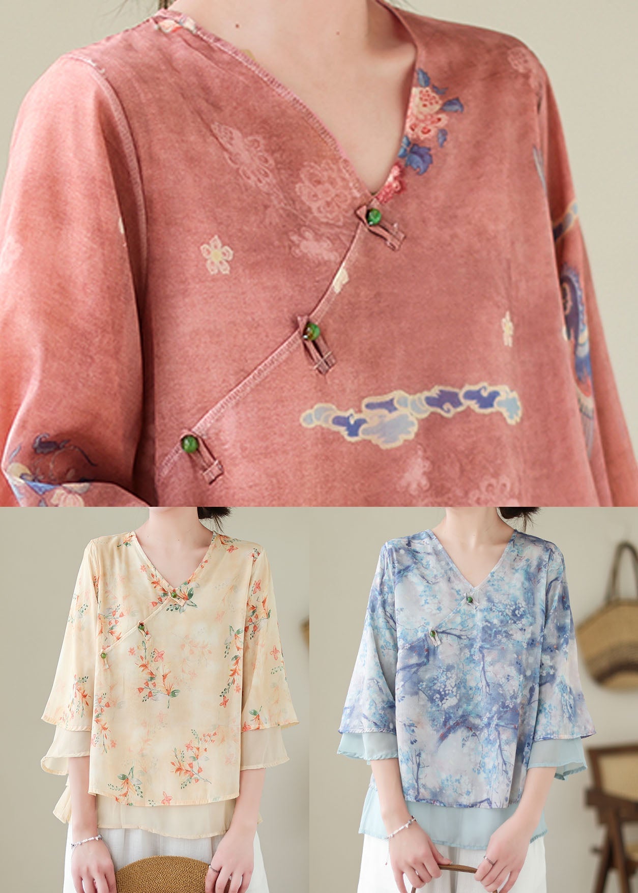 Vintage Apricot V Neck Print Patchwork Chiffon Shirt Top Summer LY5289 - fabuloryshop