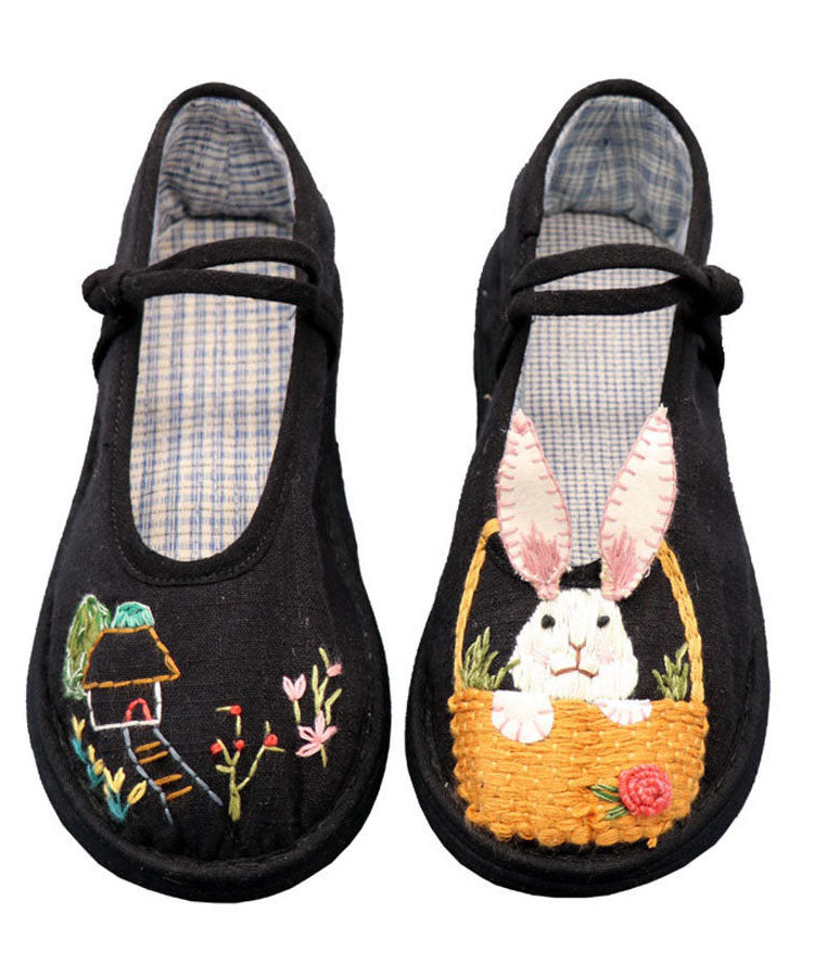 Vintage Black Embroidery Buckle Strap Splicing Flat Shoes For LY4333 - fabuloryshop