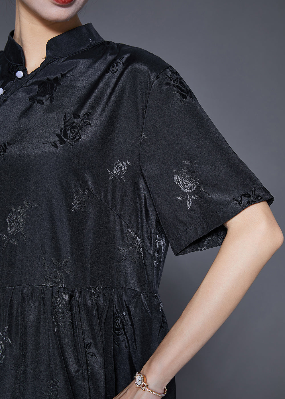 Vintage Black Mandarin Collar Jacquard Exra Large Hem Silk Dresses Summer Ada Fashion