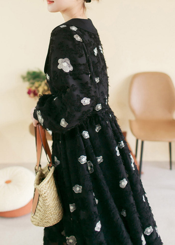 Vintage Black O-Neck Embroideried Floral Patchwork Cotton Long Dress Spring TI1036 - fabuloryshop