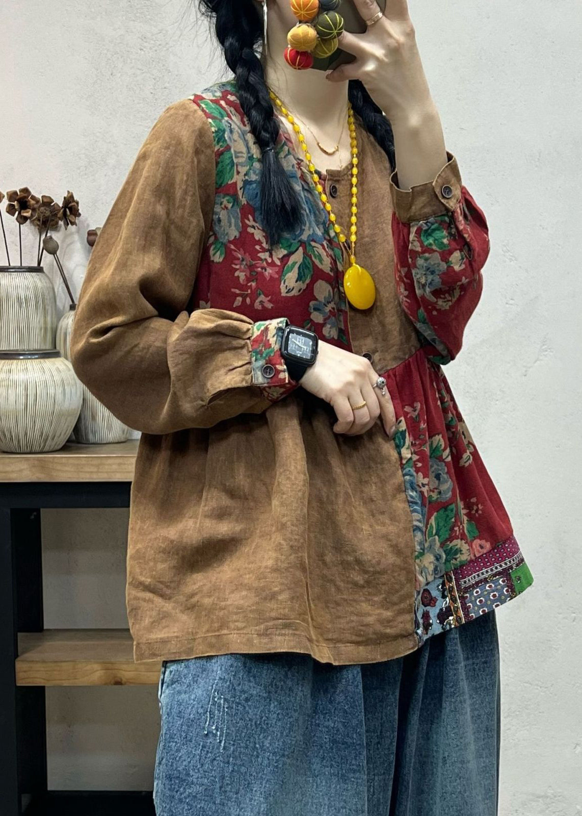 Vintage Black O Neck Print Patchwork Cotton Top Long Sleeve Ada Fashion