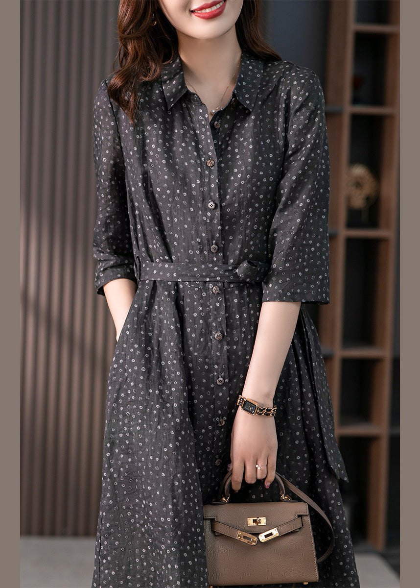 Vintage Black Peter Pan Collar Print Button Tie Waist Linen Long Shirts Dress Long Sleeve LY1732 - fabuloryshop
