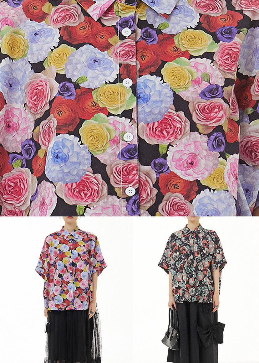 Vintage Black Peter Pan Collar Print Cotton Shirts Top Summer LY1232 - fabuloryshop