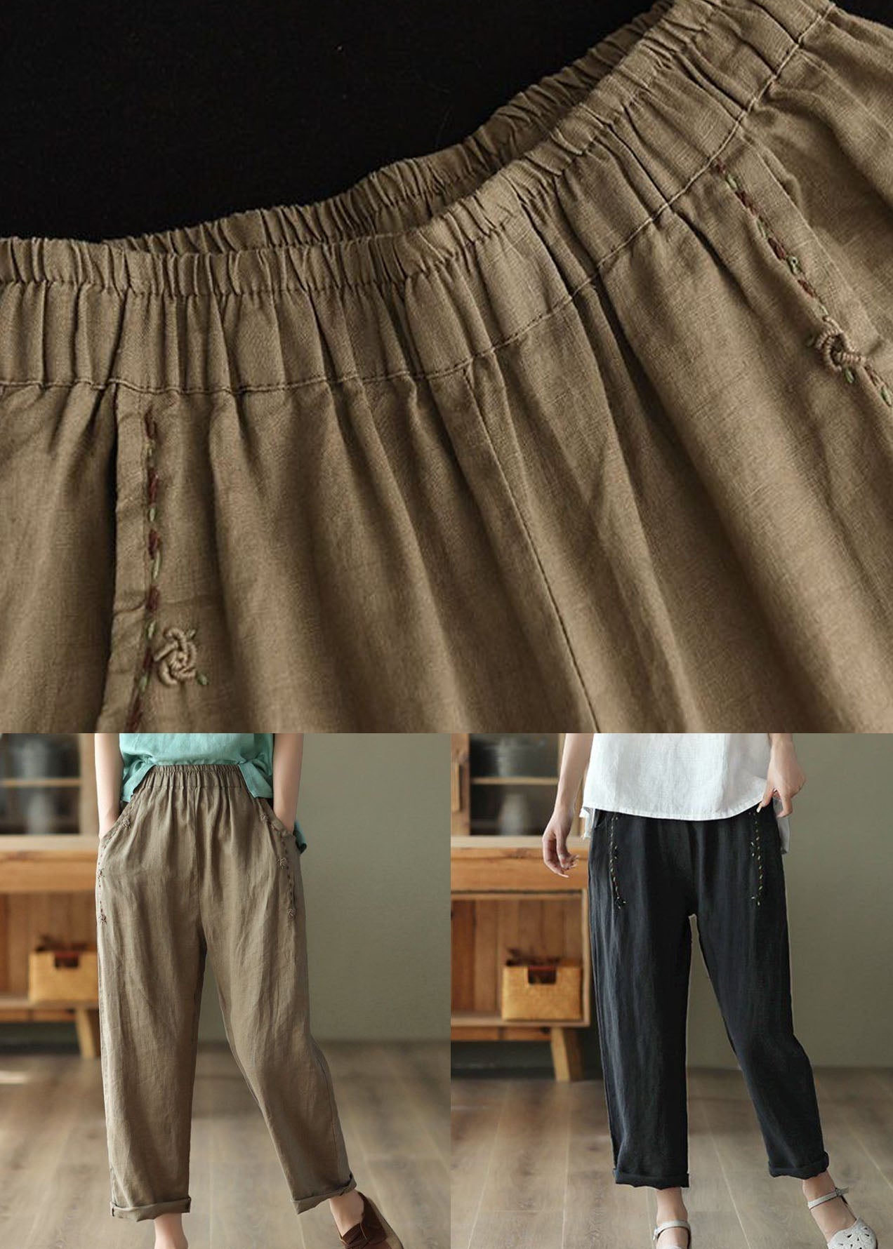 Vintage Black PocketsPatchwork Linen Pants Summer LY0215 - fabuloryshop
