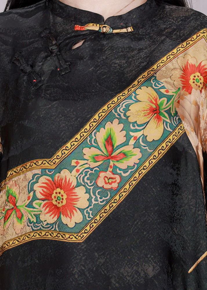 Vintage Black Print Patchwork Chinese Button Silk Long Dress Half Sleeve LY3754 - fabuloryshop
