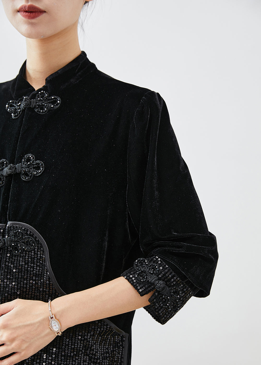 Vintage Black Sequins Patchwork Chinese Button Silk Velour Two Pieces Set Fall Ada Fashion