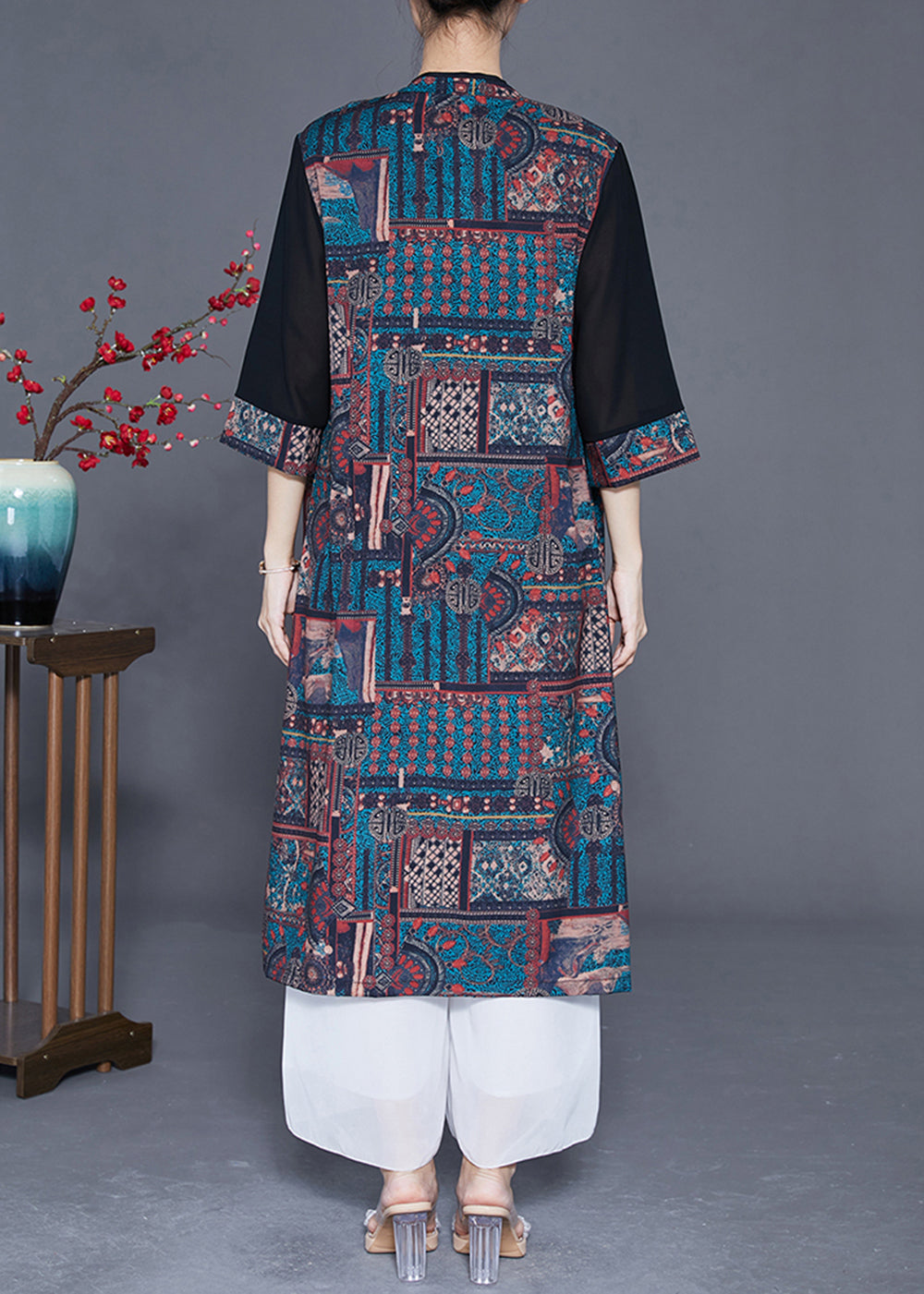 Vintage Black Slim Fit Patchwork Print Silk Two Pieces Set Half Sleeve LY3604 - fabuloryshop