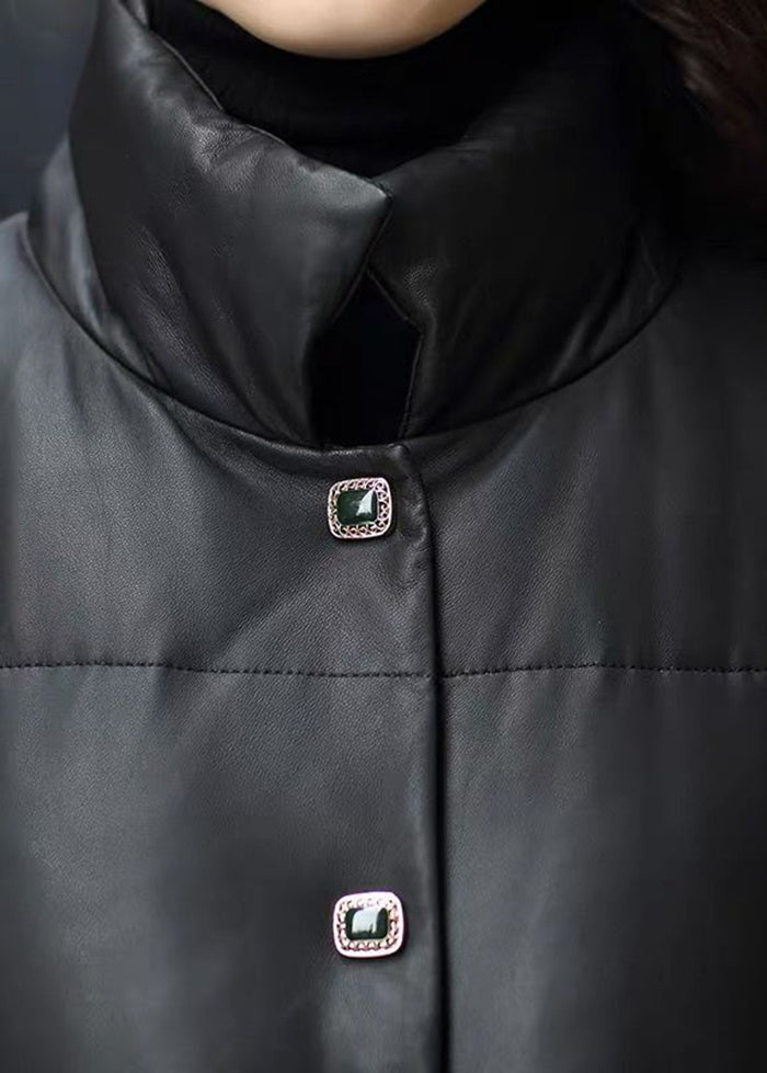 Vintage Black Stand Collar Drawstring Sheepskin Duck Down Filled Jacket Winter Ada Fashion