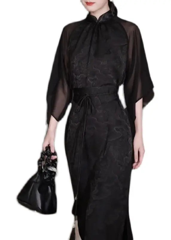 Vintage Black Stand Collar Jacquard Patchwork Silk Dresses Fall Ada Fashion