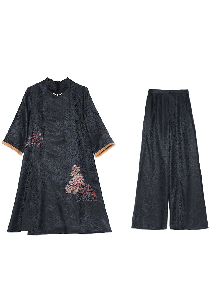 Vintage Black Stand Collar Oversized Jacquard Spandex 2 Piece Outfit Summer LY1066 - fabuloryshop