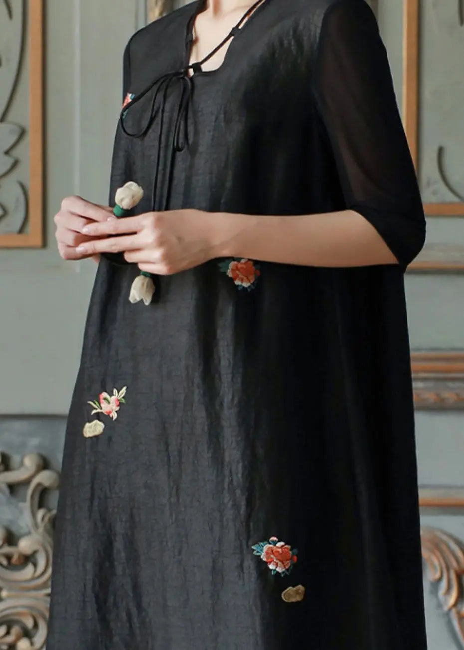 Vintage Black V Neck Embroideried Patchwork Silk Dress Summer Ada Fashion
