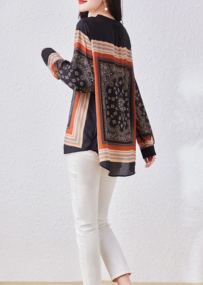 Vintage Black V Neck Print Patchwork Chiffon Blouses Long Sleeve Ada Fashion