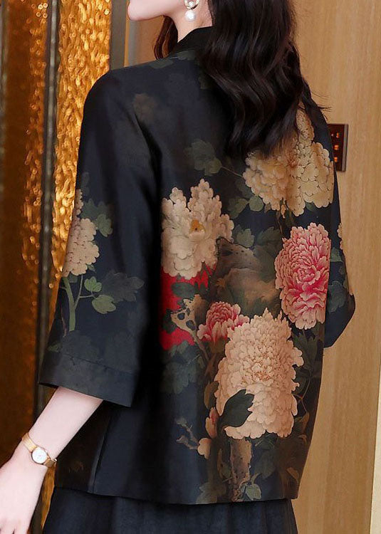 Vintage Black V Neck Tasseled Print Patchwork Silk Jackets Spring LY4556 - fabuloryshop