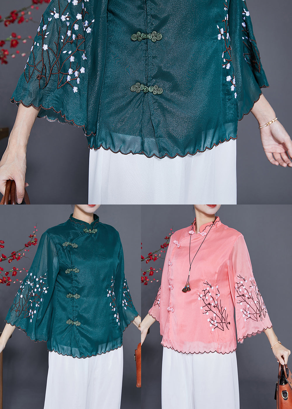 Vintage Blackish Green Mandarin Collar Embroideried Silk Blouses Flare Sleeve LY3664 - fabuloryshop