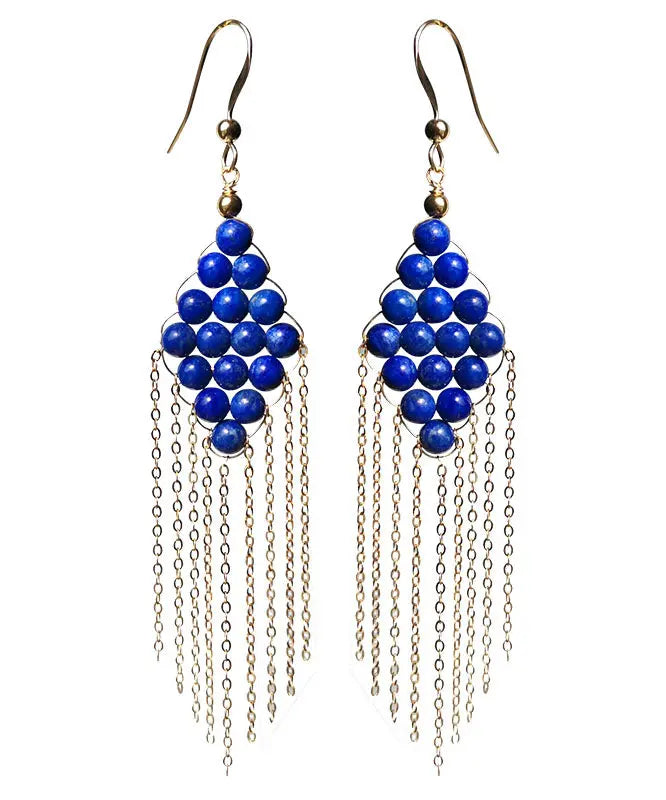 Vintage Blue 14K Gold Gem Stone Tassel Drop Earrings Ada Fashion