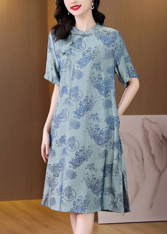 Vintage Blue Chinese Button Print Patchwork Silk Two Pieces Set Summer LY4597 - fabuloryshop