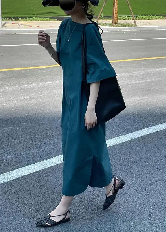 Vintage Blue O Neck High Waist Cotton Long Dress Half Sleeve Ada Fashion