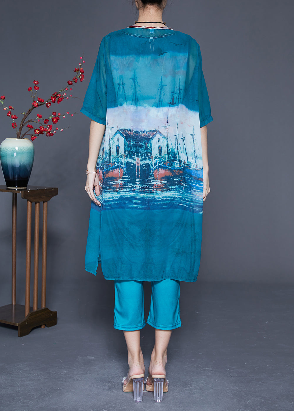 Vintage Blue Oversized Print Side Open Silk Three Pieces Set Summer LY2878 - fabuloryshop