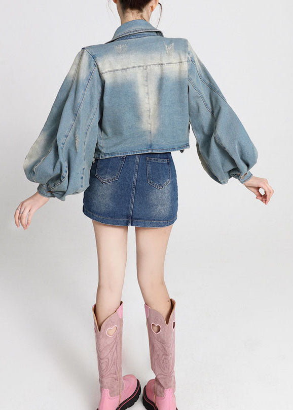 Vintage Blue Patchwork Denim Coats Lantern Sleeve LY0788 - fabuloryshop