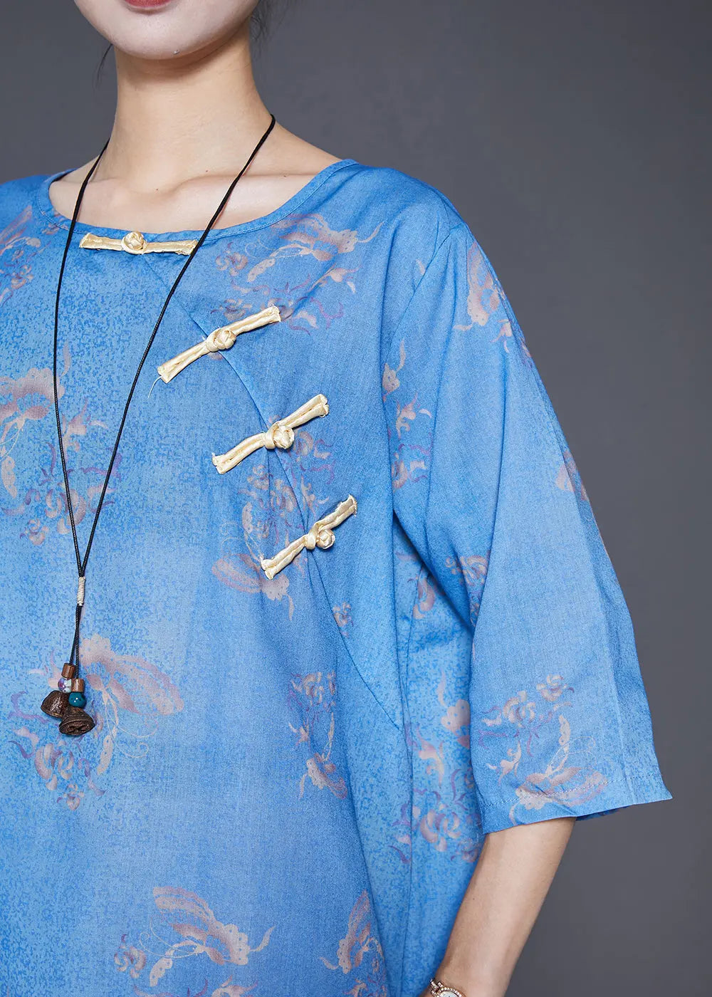 Vintage Blue Print Chinese Button Linen 2 Piece Outfit Fall Ada Fashion