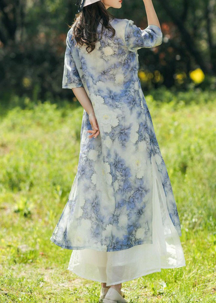 Vintage Blue Print Chinese Button Patchwork Linen Dresses Summer LY2650 - fabuloryshop