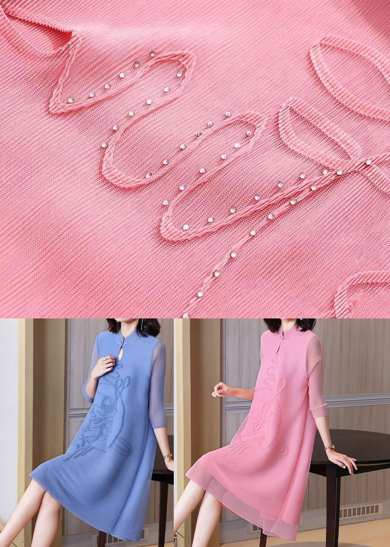Vintage Blue Stand Collar Jacquard Wrinkled Mid Dress Bracelet Sleeve LY1461 - fabuloryshop