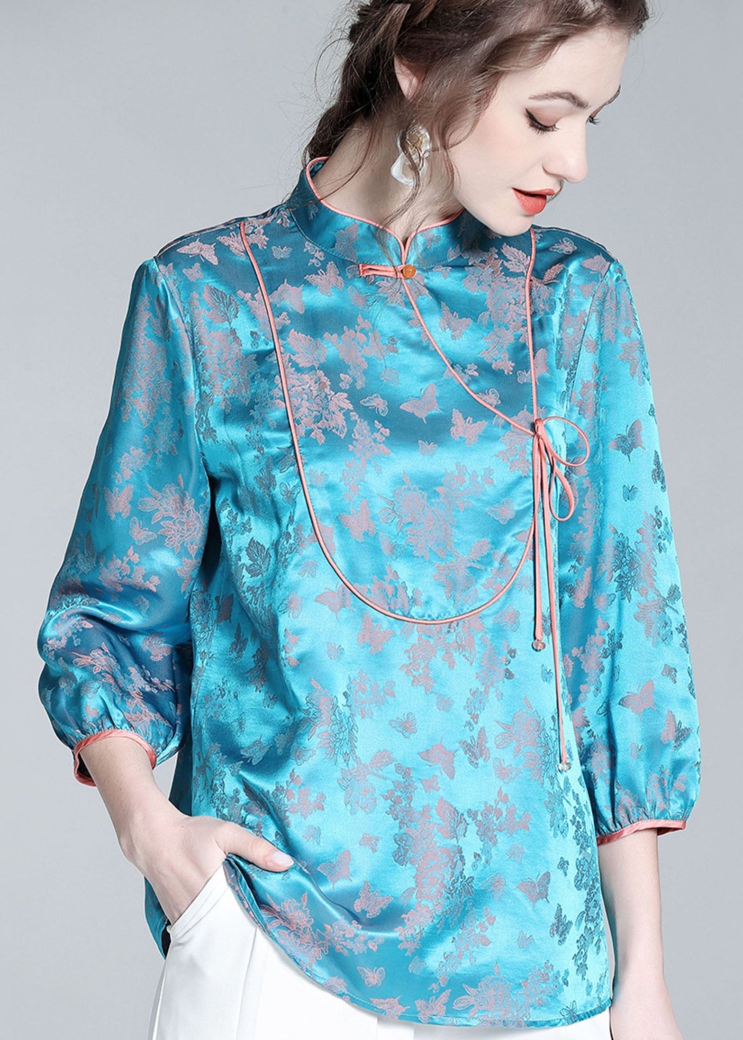 Vintage Blue Stand Collar Patchwork Jacquard Silk Blouse Tops Spring LY0139 - fabuloryshop