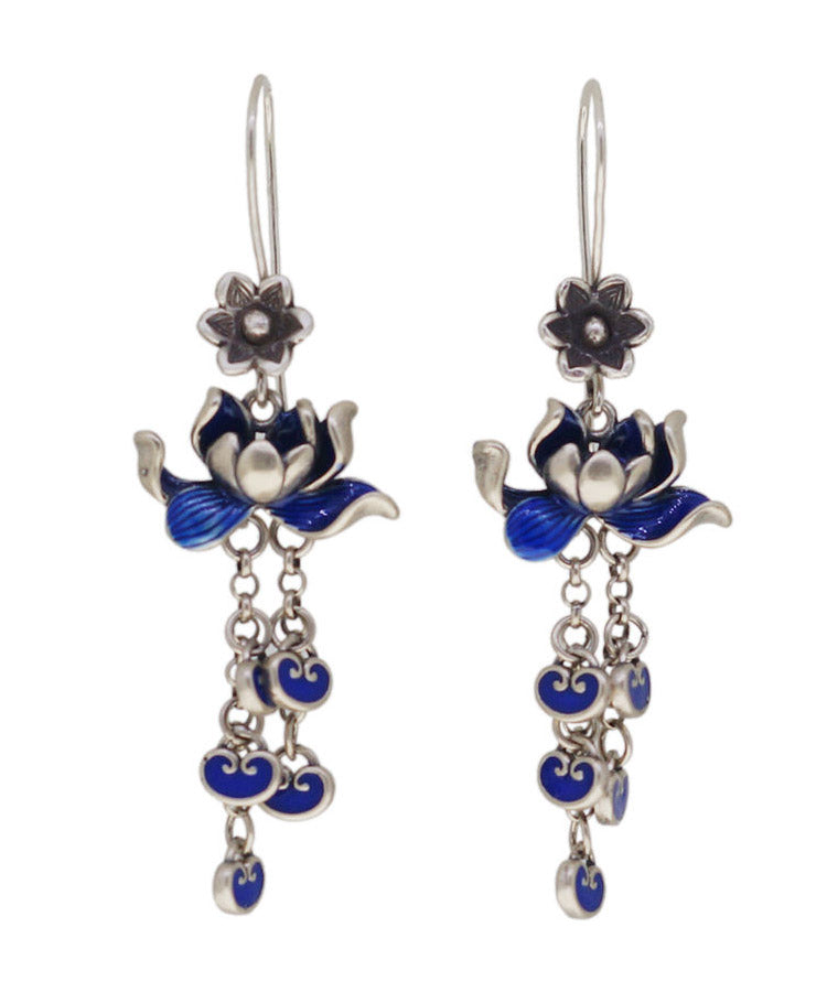 Vintage Blue Sterling Silver Cloisonne Lotus Tassel Drop Earrings LY2302 - fabuloryshop