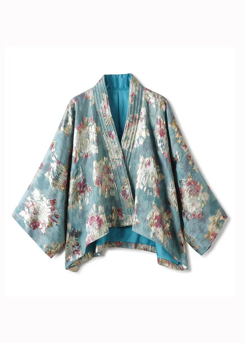 Vintage Blue V Neck Jacquard Patchwork Cotton Cardigan Fall Ada Fashion