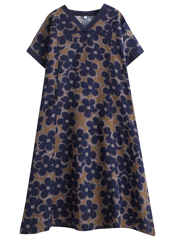 Vintage Blue V Neck Print Robe Dresses Short Sleeve LY2951 - fabuloryshop