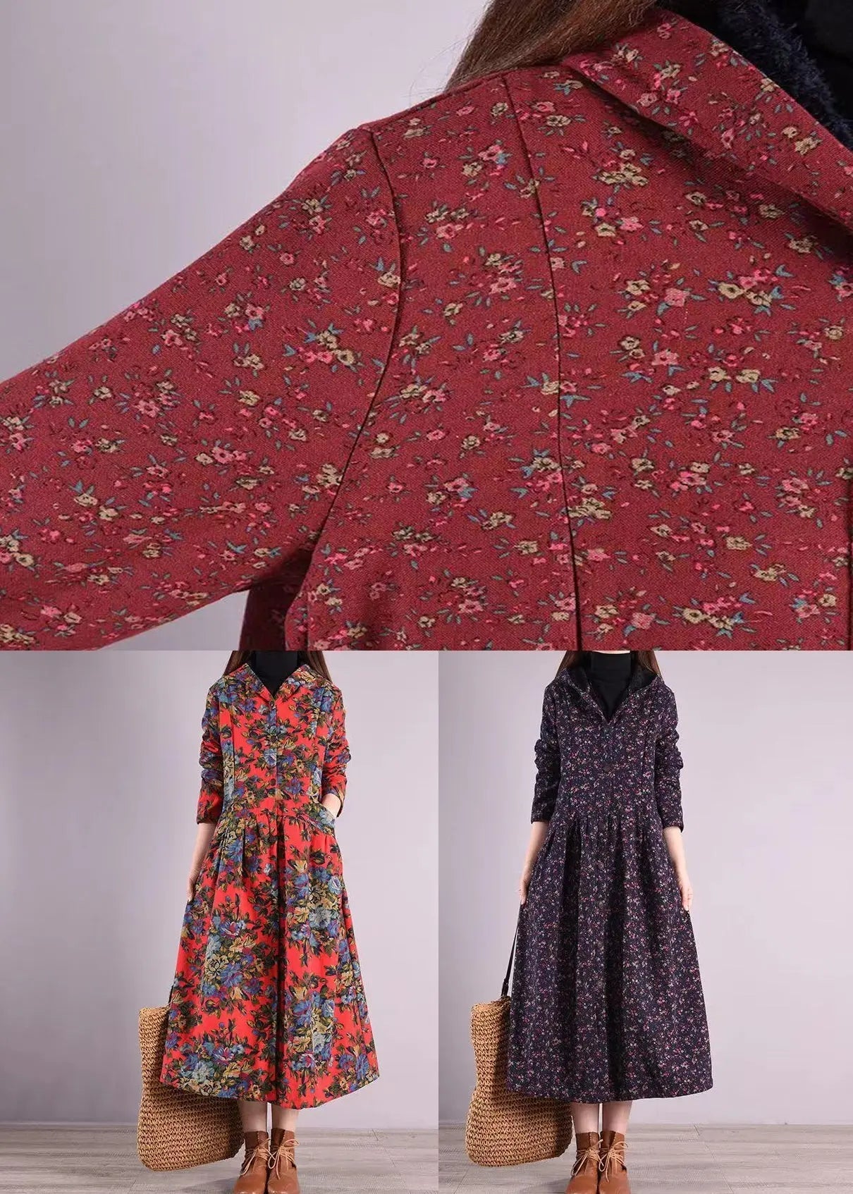 Vintage Brick Red Hooded Patchwork Warm Fleece Coats Winter Ada Fashion