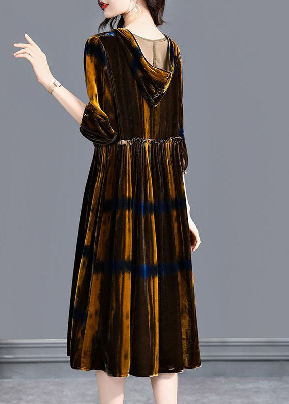 Vintage Brown Hooded Ruffled Wrinkled Silk Velour Maxi Dresses Spring LC0078 - fabuloryshop