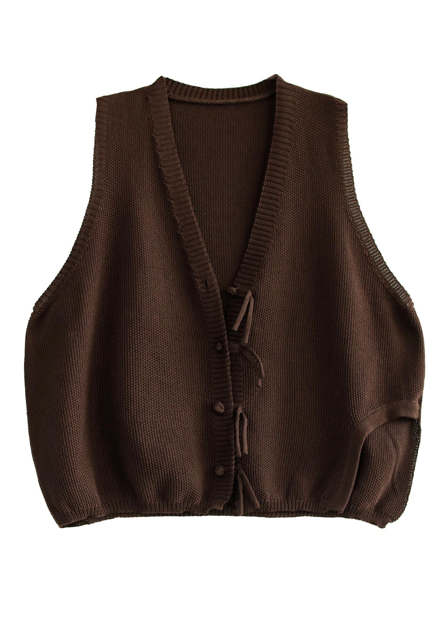 Vintage Brown V Neck Button Tassel Patchwork Knit Vest Sleeveless Ada Fashion