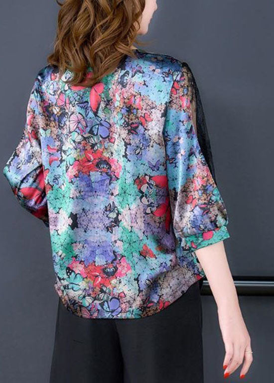 Vintage Butterfly Print V Neck Lace Patchwork Silk Tops Spring LY4582 - fabuloryshop