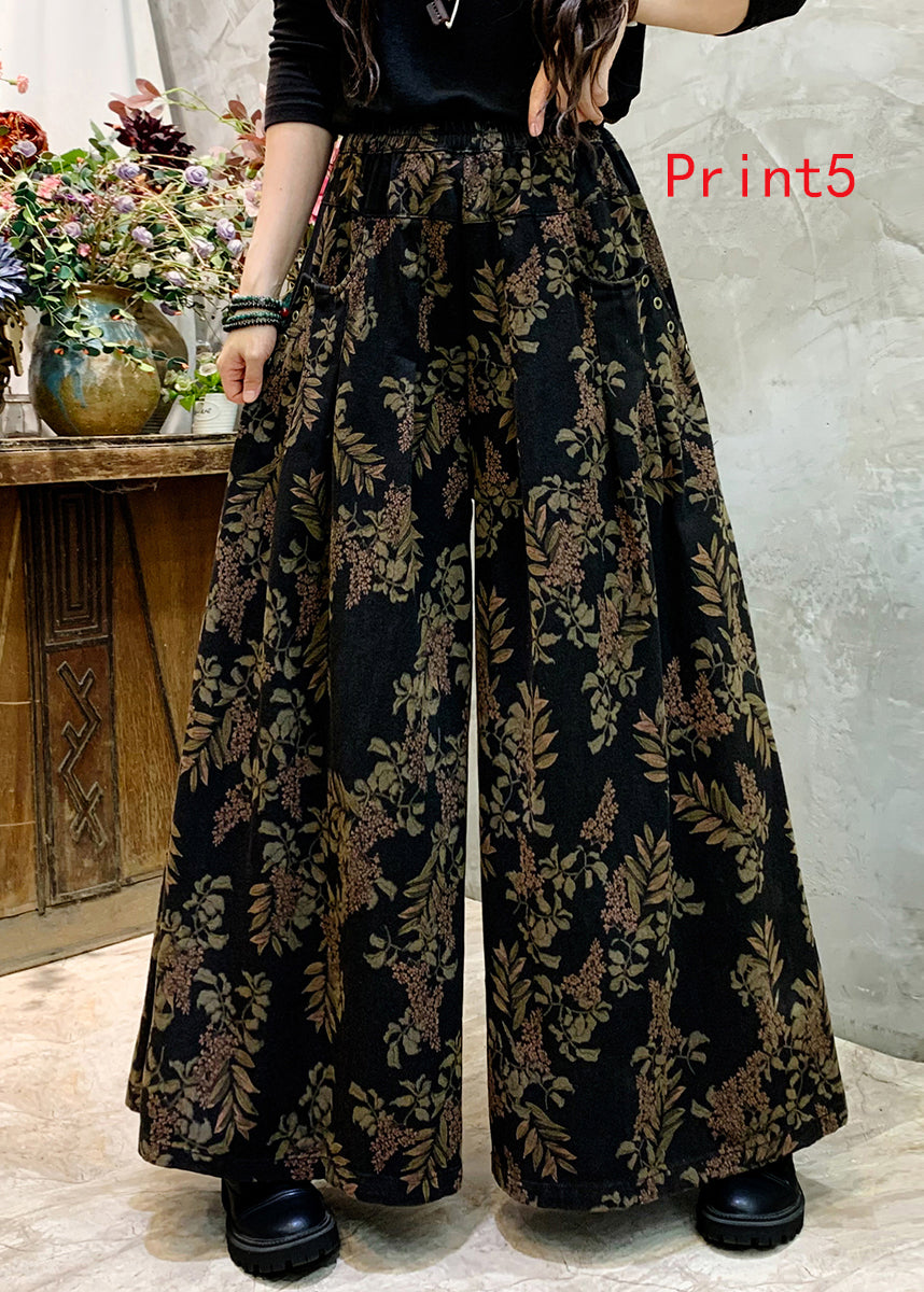 Vintage Casual Print Denim Wide Leg Pants For Autumn Ada Fashion