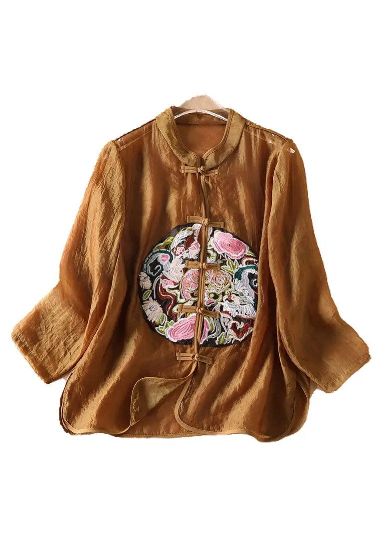Vintage Coffee Chinese Button Embroideried Tulle Blouses Long sleeve Ada Fashion