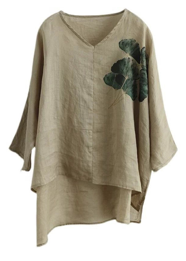 Vintage Coffee Green V Neck Print Patchwork Linen Shirts Half Sleeve LY4451 - fabuloryshop