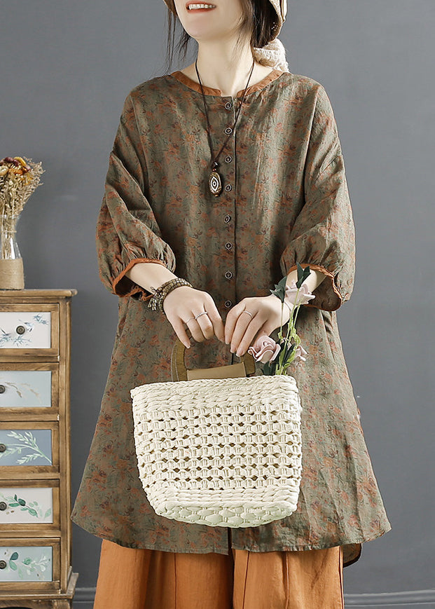 Vintage Coffee O-Neck Print Button Ramie Top Long Sleeve LY2942 - fabuloryshop
