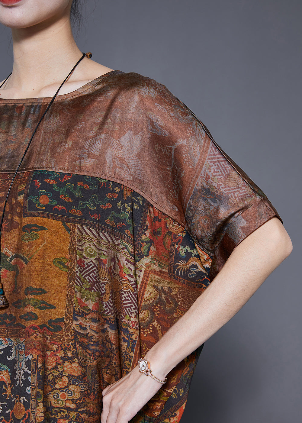 Vintage Coffee Oversized Print Silk Two Pieces Set Summer LY4834 - fabuloryshop