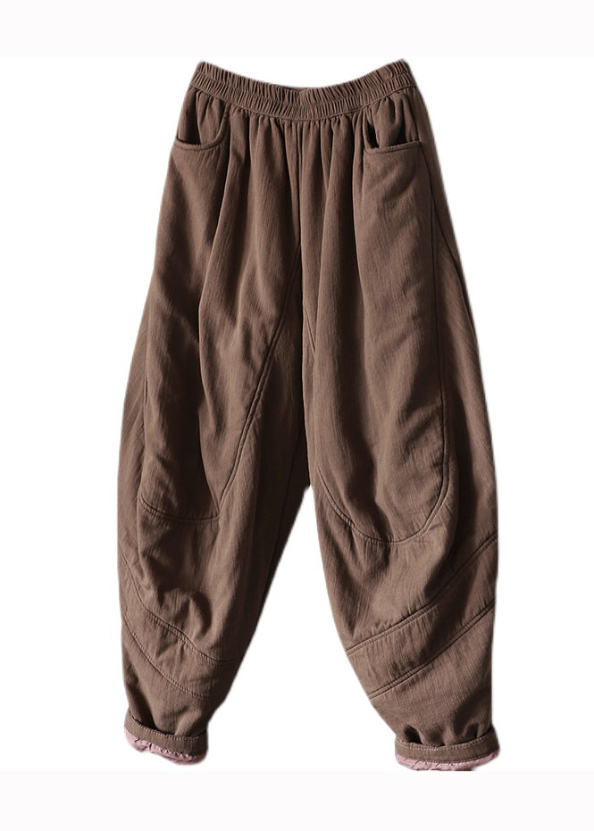 Vintage Coffee Pockets Patchwork Fine Cotton Filled Pants Winter Ada Fashion