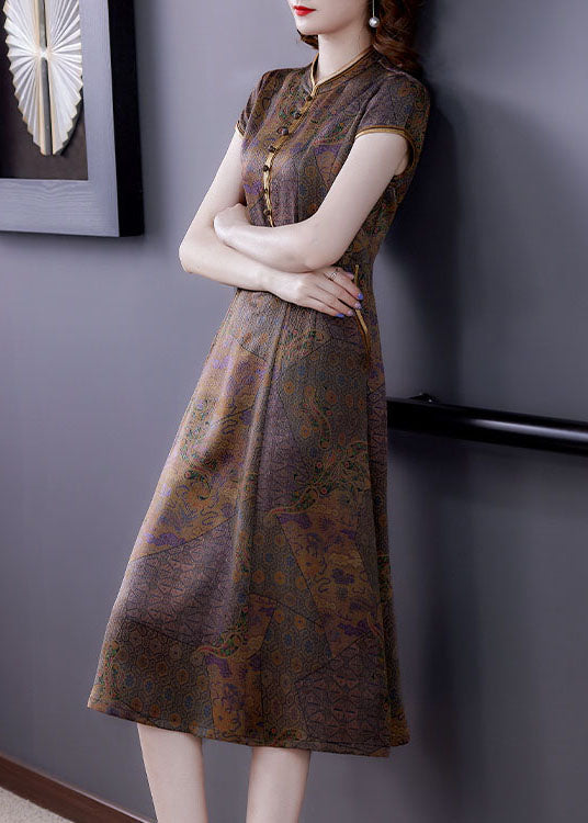 Vintage Coffee Stand Collar Print Button Patchwork Silk Dress Summer LY6665 - fabuloryshop